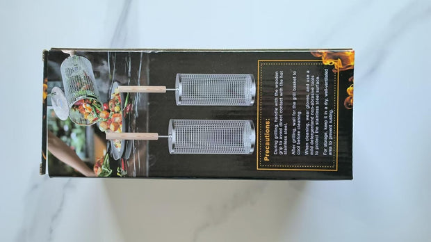 The Ultimate Grill Hack – 2PCS Rolling BBQ Baskets That Turn Anyone Into a Flame Master! | 304 Stainless Steel, Nesting Design & Wooden Handles for Epic Veggie, Shrimp & Meat Feasts Anywhere!