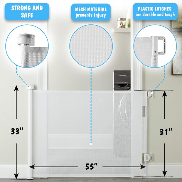Extra-Wide Retractable Baby & Pet Gate – 55" Mesh Safety Barrier for Stairs, Doorways & More | Tall 33", Indoor/Outdoor Use (White)