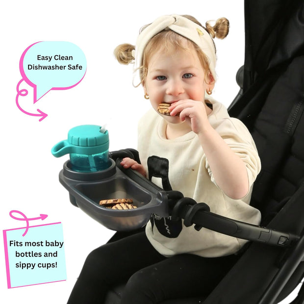Snack On-the-Go! Universal Stroller Tray with Cup Holder – Grips Tight, Fits Right!