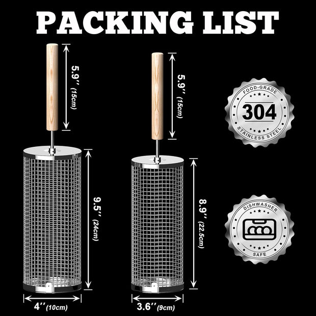 The Ultimate Grill Hack – 2PCS Rolling BBQ Baskets That Turn Anyone Into a Flame Master! | 304 Stainless Steel, Nesting Design & Wooden Handles for Epic Veggie, Shrimp & Meat Feasts Anywhere!