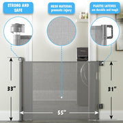 Extra-Wide Retractable Baby & Pet Gate – 55" Mesh Safety Barrier for Stairs, Doorways & More | Tall 33", Indoor/Outdoor Use (White)