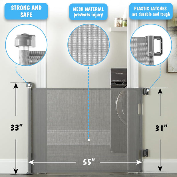 Extra-Wide Retractable Baby & Pet Gate – 55" Mesh Safety Barrier for Stairs, Doorways & More | Tall 33", Indoor/Outdoor Use (White)