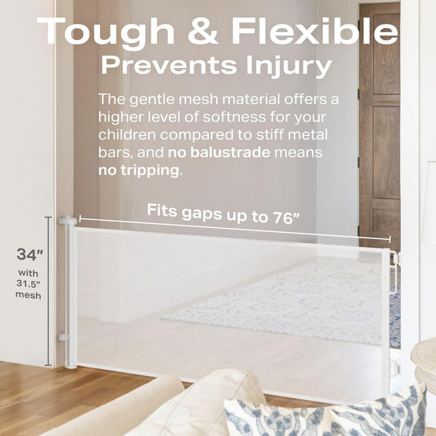 Extra-Wide Retractable Baby & Pet Gate – 55" Mesh Safety Barrier for Stairs, Doorways & More | Tall 33", Indoor/Outdoor Use (White)