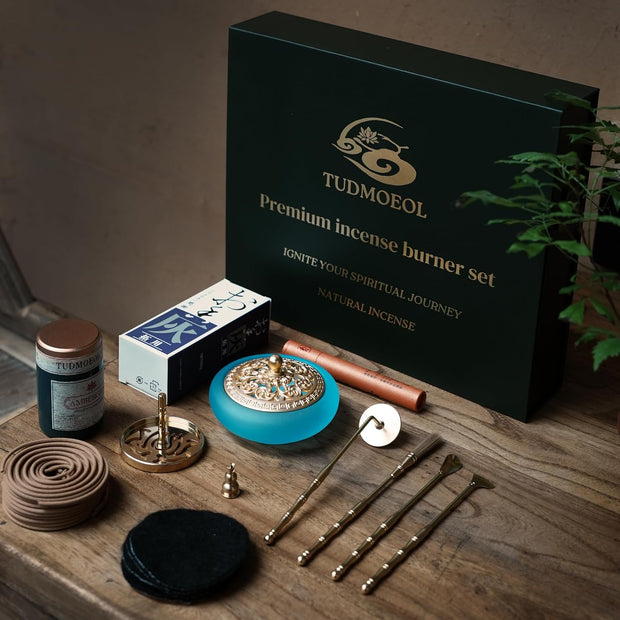 Complete Powder Incense Burner Kit with Censer & Art Mold Press Tools – Elegant Gift Box Set for Yoga, Meditation & Relaxation (Blue)