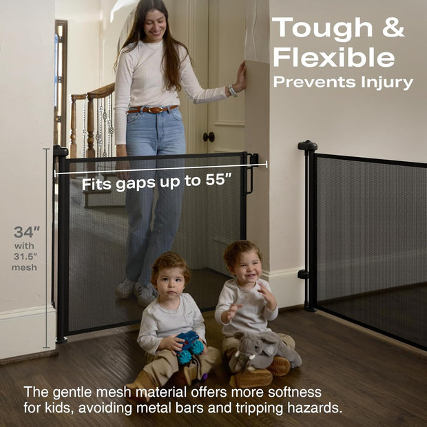 Extra-Wide Retractable Baby & Pet Gate – 55" Mesh Safety Barrier for Stairs, Doorways & More | Tall 33", Indoor/Outdoor Use (White)