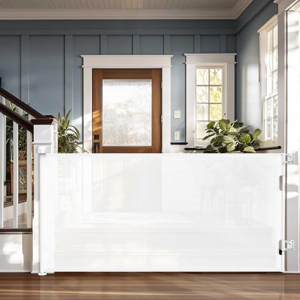 Extra-Wide Retractable Baby & Pet Gate – 55" Mesh Safety Barrier for Stairs, Doorways & More | Tall 33", Indoor/Outdoor Use (White)