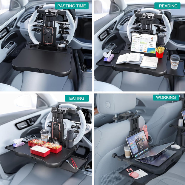 Transform Your Ride! Expandable Car Tray Table for Eating, Working & Relaxing – Fits Steering Wheel & Backseat | With Cup, Phone & Laptop Holders