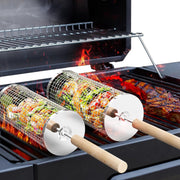 The Ultimate Grill Hack – 2PCS Rolling BBQ Baskets That Turn Anyone Into a Flame Master! | 304 Stainless Steel, Nesting Design & Wooden Handles for Epic Veggie, Shrimp & Meat Feasts Anywhere!
