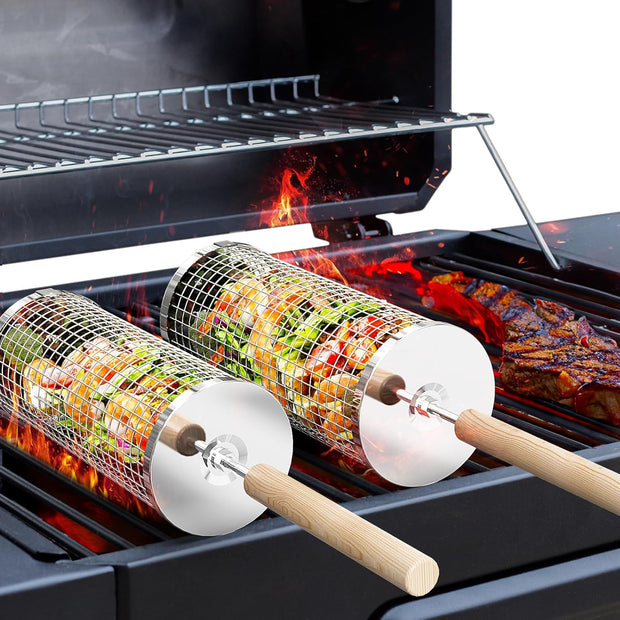 The Ultimate Grill Hack – 2PCS Rolling BBQ Baskets That Turn Anyone Into a Flame Master! | 304 Stainless Steel, Nesting Design & Wooden Handles for Epic Veggie, Shrimp & Meat Feasts Anywhere!