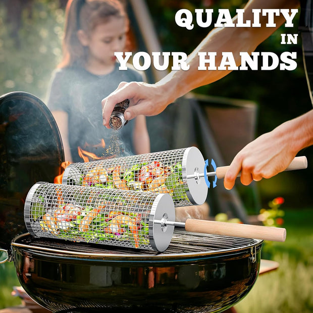 The Ultimate Grill Hack – 2PCS Rolling BBQ Baskets That Turn Anyone Into a Flame Master! | 304 Stainless Steel, Nesting Design & Wooden Handles for Epic Veggie, Shrimp & Meat Feasts Anywhere!
