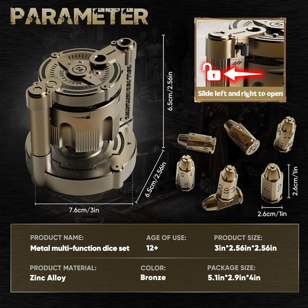 7-Piece Bullet Metal Dice Set – Rotating Revolver Case & Fidget Spinner in One!