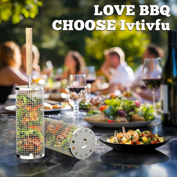 The Ultimate Grill Hack – 2PCS Rolling BBQ Baskets That Turn Anyone Into a Flame Master! | 304 Stainless Steel, Nesting Design & Wooden Handles for Epic Veggie, Shrimp & Meat Feasts Anywhere!