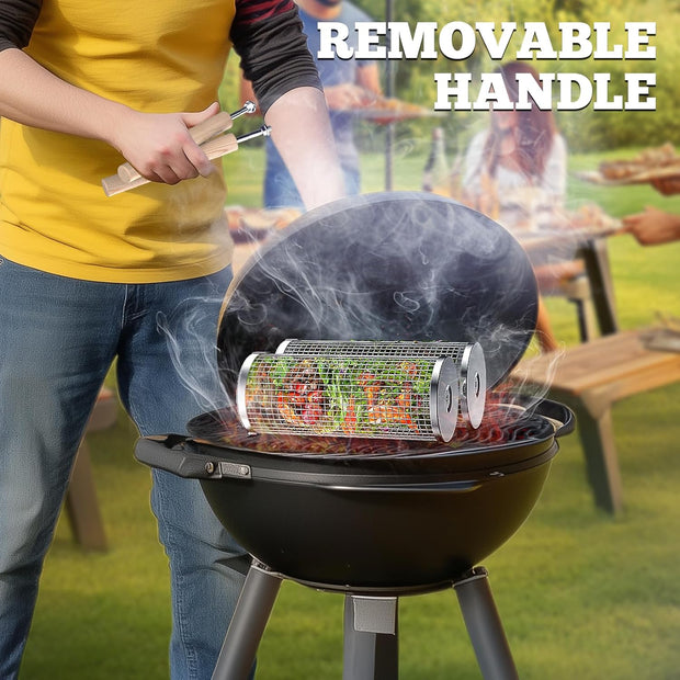 The Ultimate Grill Hack – 2PCS Rolling BBQ Baskets That Turn Anyone Into a Flame Master! | 304 Stainless Steel, Nesting Design & Wooden Handles for Epic Veggie, Shrimp & Meat Feasts Anywhere!