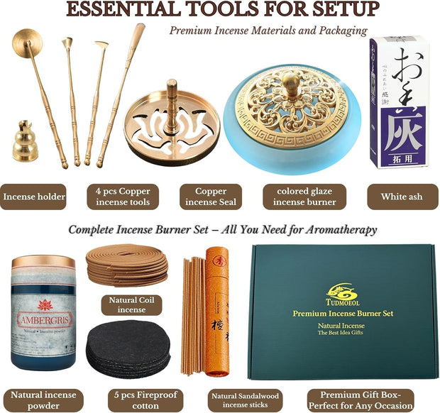 Complete Powder Incense Burner Kit with Censer & Art Mold Press Tools – Elegant Gift Box Set for Yoga, Meditation & Relaxation (Blue)