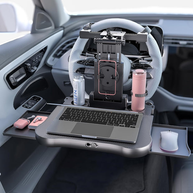 Transform Your Ride! Expandable Car Tray Table for Eating, Working & Relaxing – Fits Steering Wheel & Backseat | With Cup, Phone & Laptop Holders