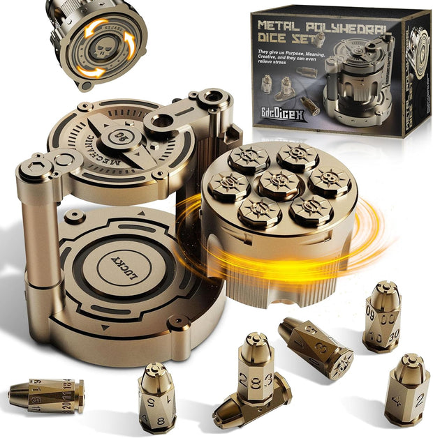 7-Piece Bullet Metal Dice Set – Rotating Revolver Case & Fidget Spinner in One!