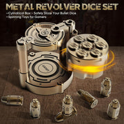 7-Piece Bullet Metal Dice Set – Rotating Revolver Case & Fidget Spinner in One!