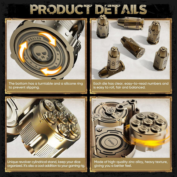 7-Piece Bullet Metal Dice Set – Rotating Revolver Case & Fidget Spinner in One!